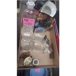 1 BOX WITH 4 GLASSES, 2 SHOT GLASSES, DECANTER, CUSTOM MADE DEER HORN, S & P SHAKER AND TOOTH PICK H