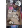 Image 1 : 1 BOX WITH 4 GLASSES, 2 SHOT GLASSES, DECANTER, CUSTOM MADE DEER HORN, S & P SHAKER AND TOOTH PICK H
