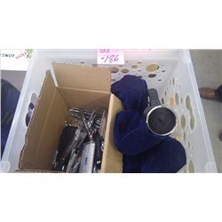 1 TUB WITH SS COFFEE THERMAL CUPS, LOCK BLADE KNIVES AND PENS