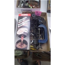 1 TRAY WITH NEW THERMOS, C-CLAMPS, HATCHET AND MISC