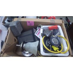 1 BOX WITH ELECTRIC LIGHT FIXTURES, TAPE MEASURE PLUS ANTIQUE DRIVE-IN THEATRE SPEAKER
