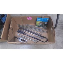1 LARGE BOX WITH PRY BARS, THREADED ROD, TIE-ROD FORK, ETC.