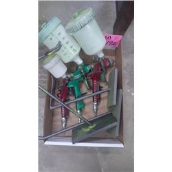 1 BOX WITH 3 VARIOUS SIZE HVLP GRAVITY FLOW PAINT GUNS AND STANDS