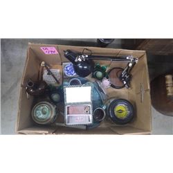 1 BOX WITH COLLECTIBLE GOODYEAR TIRE ASHTRAY, GRANITE STAMP, COFFEE SERVICE, TRINKET JAR, ORNAMENTS,