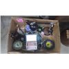 Image 1 : 1 BOX WITH COLLECTIBLE GOODYEAR TIRE ASHTRAY, GRANITE STAMP, COFFEE SERVICE, TRINKET JAR, ORNAMENTS,
