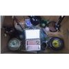 Image 2 : 1 BOX WITH COLLECTIBLE GOODYEAR TIRE ASHTRAY, GRANITE STAMP, COFFEE SERVICE, TRINKET JAR, ORNAMENTS,