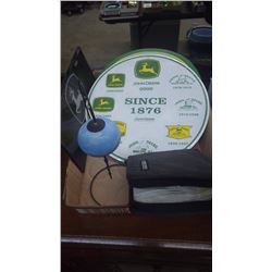 TRAY WITHJD WALL PLAQUES, LISENCE PLATE, HANGINGPRAIRIE SCENE ORNAMENT, PLUS CASE WITH VARIOUS CD'S