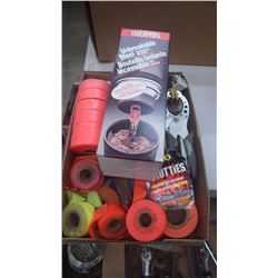 TRAY WITH NEW THERMOS, RFLECTION TAPE, FILES, TAPE MEASURE, ETC