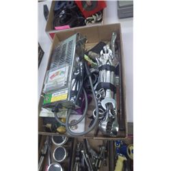 TRAY WITH BATTERY TESTER, BUNDLE OF WRENCHES, PLUS MISC TOOLS