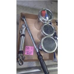 TRAY OF HEAT SHRINKELEC REPAIR, CRAFTSMAN CLICK TYPE TORQUE WRENCH AND BUNDLE OF WRENCHES