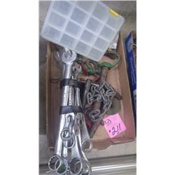 SMALL BOX PARTS ORGANIZER, BUNDLE OF WRENCHES HITCH PINS AND SHACKLES