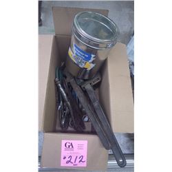 BOX OF MISC ANTIQUE WRENCHES AND STEERING WHEEL PULLER