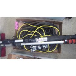 TRAY OF TARP STRAPS, TIE DOWNS, BUNDLE OF SMALL WRENCHES, CAR BRUSH WITH SCRAPER