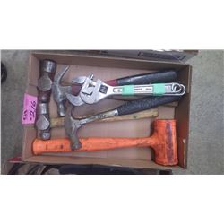 TRAY WITH HAMMERS AND 2 CRESENT WRENCHES