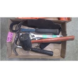 TRAY WITH HAMMERS, RUBBER HAMMER AND 2 CRESENT WRENCHES