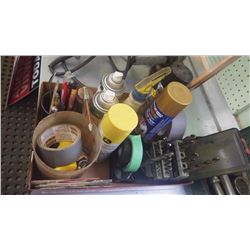 TRAY WITH DRILLINDES, TAPE, SPRAY PAINTS, KNIVES, SWISS ARMY KNIFE, FLASH LIGHT, OILERS, ETC.