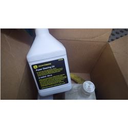 CASE OF JD UNOPENED JUGS OF POWER STEERING FLUID PLUS FUNNELS