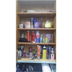CONTENTS ONLY OF WOODEN WALL CABINAT INCLUDES MISC POLISH, PAINT AND OIL