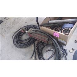 HYDRAULIC RAM, BOX ASSORTED NUTS AND BOLTS, HD ELECTRICAL CORD, PLUS BOOSTER CABLES
