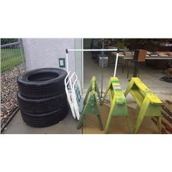 3 USED GOODYEAR TIRES 275-60-R20 TWO FOLDING LAWN CHAIRS, PAINTING RACK, 3 WOOD SAW HORSES, PLUS JD 
