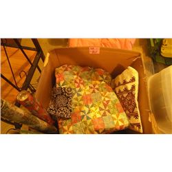 CORNER WROUGHT IRON STAND PLUS LEE BOX WITH PATCHWORK QUILT, BLANKETS, PILLOWS, MEXICAN BLANKET, ETC
