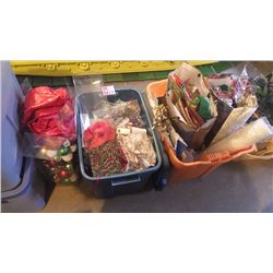 FOUR TUBS OF VARIETY XMAS WRAP, GIFT BAGS, ORNAMENTS, BASKET WITH LIGHTS, WREATH AND DECORATIONS PLU