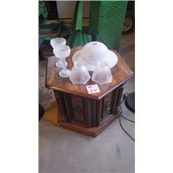 PLASTIC STAND, GLASS CANISTERS, FLOOR LAMP, HEXAGON END TABLE PLUS GLOBES