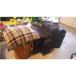 3 PIECE LUGGAGE SET (AIR CANADA), COLLAPSABLE STORAGE CONTAINERS, PLUS BASKET WITH CHAIR CUSHIONS