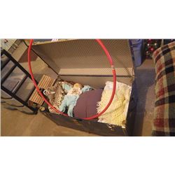 METAL STEAMER TRUNK WITH INFANTS SIWASH SWEATER, BABY BLANKETS, CABBAGE PATCH DOLL AND CLOTHES PLUS 