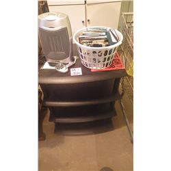 3 SHELF PLASTIC STAND, LASKA CERAMIC ELECTRIC HEATER, BASKET WITH 10 SMALL PHOTO ALBUMS