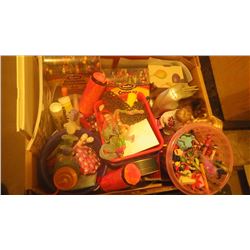 BOX OF CHILDRENS PAINT SUPPLIES, CRAYONS, KEN AND BARBIE DOLLS WITH A FEW PIECES OF CLOTHING, BOOKS,