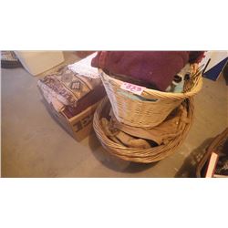 3 WICKER BASKETS WITH WINTER COVERALLS, VARIOUS BLANKETS PLUS BOX OF VARIETY OF SCATTER RUGS