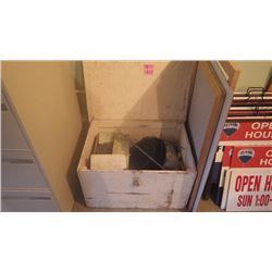 BOX WITH ICE FISHING EQUIPMENT:  HEATER, FRY PAN, GRATES AND SMALL PROPANE TANK