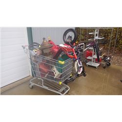 THREE SHOPPING CARTS FILLED WITH BICYCLES, MISC GAS CANS, BIRD FEEDER, 2 DISPLAY RACKS, SCOOTER AND 