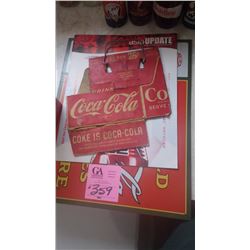 COCA-COLA CARRIER WITH METAL HANDLE "6 FOR 25¢" PLUS ASIAN COCA-COLA MAGAZINE AND METAL REPRO SIGN