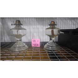 SET OF 2 MATCHING CLEARCOAL OIL LAMPSAND ONE CHIMNEY (DEPRESSION ERA)