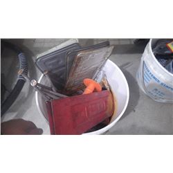TWO PAILS AND TWO SPOOLS OF FENCING SUPPLIES INCLUDING STAPLES, INSULATORS AND NAILS