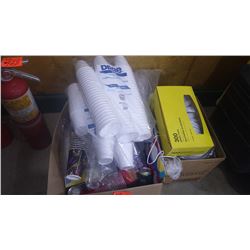 TWO BOXES OF DISPOSABLE CUPS, PLATES, CUTLERY, ETC.