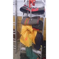 GROUPING INCLUDES LIFE VEST, RAIN GEAR, CABELLA FISHING TACKLE BOX, SUSPENDERS, ETC.