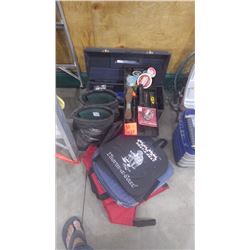 GRUPING OF ICE FISHING EQUIPMENTINCLUDES TACKLE BOX, SNOW BOOTS, AND SEAT PADS