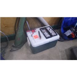 COLEMAN COOLER, BOX OF FLY FISHING LURES, NET, AND TWO ROD HOLDERS.