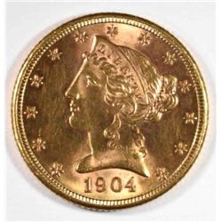 1904-S $5 GOLD LIBERTY CH BU OLD LIGHT CLEANING