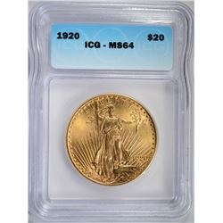 1920 $20 GOLD ST. GAUDENS ICG MS-64