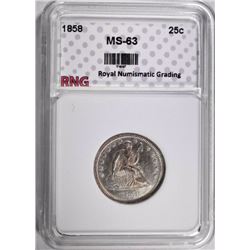1858 SEATED LIBERTY QUARTER RNG CH BU
