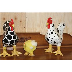 TWO PAPER MACHE ROOSTERS AND CHICK