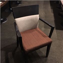 RESTAURANT CHAIR, WOOD FRAME, BROWN AND BEIGE UPHOLSTERY