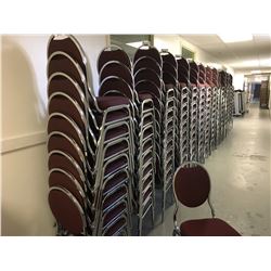 STACK OF 10 METAL FRAME BURGUNDY AND GREEN PATTERN BANQUET CHAIRS