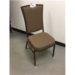 STACK OF 9 METAL FRAME BURGUNDY AND GREEN PATTERN BANQUET CHAIRS