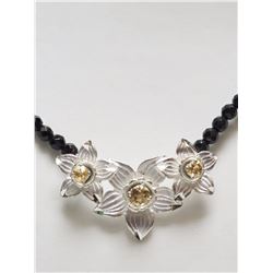 #10-STERLING SILVER ONYX AND GEMSTONE FLORAL