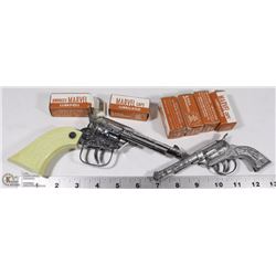 PAIR OF VINTAGE CAP GUNS W/ 6 BOXES OF MARVEL CAPS